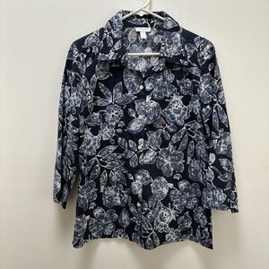Charter Club  Floral Printed 3/4 Sleeve Linen Top Blue Size 12
